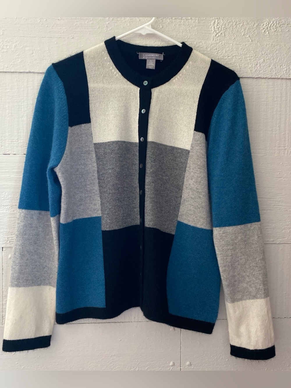CHARTER CLUB 100% Cashmere Crew Neck Button Front Color block Cardi Sweater Sz L